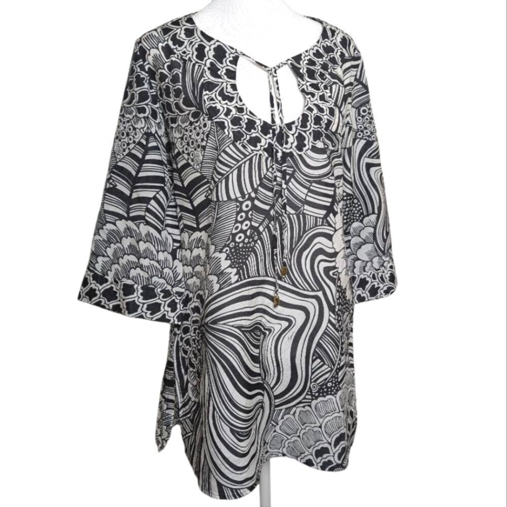 Trina Turk Black & White Silk Cotton Abstract Tropical Pattern Tunic Top S